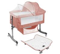 Hiborth Lit bébé 4-en-1 Multifonction avec Table à Langer, Berceau réglable sur 6 hauteurs, Filet de Protection et Panier de Rangement, Portable pour Nouveau-né Rose Taille Unique