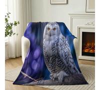 Hibou Branches Plumes Imprimée Flanelle Couverture 180 x 200 cm, Photographie Animal Confortable Réversible Plaid Polaire pour Toutes Les Saisons, Blanc Violet Ultra Douce et Légère Salon Couverture