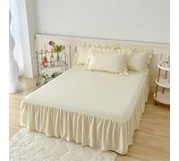 Highdi Jupe de lit à Volants Microfibre Couvre-lit Couleur Unie Coloré Doux et Antidérapant Cache Sommier avec Ourlet Élastique Drap Housse Para Single Queen King (180x200cm,Beige)