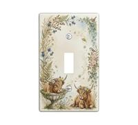 Highland Cattle Plaque murale décorative pour interrupteur de salle de bain - Style rustique vintage - Motif floral - Oiseaux printaniers - Vert - Taille standard - Pour salon, chambre à coucher