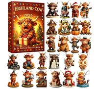 Highland Vache Calendrier de l'Avent 2026 24 jours 2D | 24 figurines de vache incluses, mini figurines décoratives de collection pour décorations d'arbre, compte à rebours festif