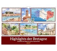 Highlights der Bretagne (Wandkalender 2027 DIN A4 quer), CALVENDO Monatskalender: Schönheit der Region im zarten Aquarell-Stil