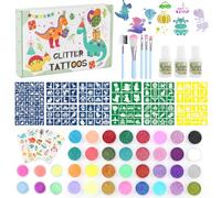 Highttoy Kit Tatouage Paillettes, 38 Couleurs Tatouage Éphémère Lumineux Dinosaure Enfant avec 164 Pochoirs, 5 Pinceaux, 4 Feuilles Autocollants de Tatouage, 3 Colles, Cadeau Garçon