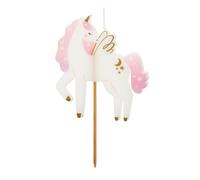 HIKIhooray Bougie d'anniversaire licorne 9 cm, rose pastel, blanc avec détails dorés, bougie à gâteau, pour anniversaire d'enfant et fête licorne, support stable, décoration de gâteau adaptée aux