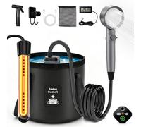 hillhub Kit de douche de camping portable avec chauffage de 1500 W et pompe de 6000 mAh | Chauffage par immersion, pompe IPX7 rechargeable, seau de 1,8 l, tête à 4 modes, tuyau de 1,8 m - pour