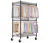 Himimi Portant à Vêtement Solide, 90 x 52 x 203 cm, Penderie sur Roulettes avec 4 Tringles et étagères Réglables en Hauteur, Porte à Vêtement sur Pieds Pour la chambre, la buanderie et le balcon, Noir