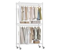 Himimi Portant Double sur Roulettes, Porte-vêtements Robuste avec 2 Crochets et Étagères Réglables en Hauteur, Portant Métallique Stable pour Chambre, Buanderie et Dressing 60 * 42 * 205cm Blanc