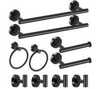 Hinmood Lot de 10 Supports de Salle de Bain, Noir Mat, en Acier Inoxydable, avec 2 Barres Porte-Serviette de 40,6 cm, 4 Crochets de Serviette, 2 Supports de Papier Toilette, 2 Anneaux de Serviette