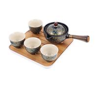 HINTRMENT Service à Thé Kung Fu 4 Tasses et Théière en Céramique Portable Poignée Latérale Anti-brûlure Acier Inoxydable et Bois, pour Maison et Voyage