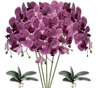 HinyoCo 5 pièces de Fleurs d'orchidées 8 têtes Phalaenopsis Artificielles avec 2 Pièces Feuille de Fleurs d'orchidées Papillon pour la décoration de la Maison (Taches Violettes)