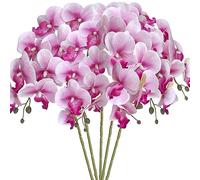 HinyoCo 5 pièces Fleurs d'orchidées Phalaenopsis Artificielles 8 têtes de Fleurs d'orchidées Papillon pour la décoration de la Maison (Fleur Blanche Noyau Violet)