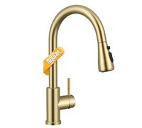 Hiqufet Robinets de Cuisine, Robinet Mitigeur Évier avec Pivotant 360° et Bec Extractible, Robinet Évier Haute Arche à Une Seule Manette en Acier Inoxydable, Or Brossé