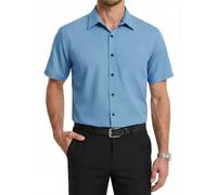 HISDERN Short Sleeve Shirts Men Iron Free Regular Fit Business Casual Dress Shirts for Work Office with Pocket Blue L