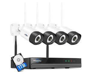 Hiseeu 5MP PTZ Kit Caméra Surveillance WiFi Extérieure, NVR 10CH 1To | 4 Caméras 5MP, Vision Nocturne Couleur, Audio Bidirectionnel, Détection Mouvement, IP66, H.265+, Accès à Distance