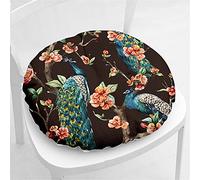 Hiseng Coussin de Chaise Coussins de Siège, Ronde Tatami Respirant Fleur Oiseau Schéma Coussins de Chaise Galette de Chaise pour Salle à Manger/Bureau/Canapé,40x40cm (Paon Noir)