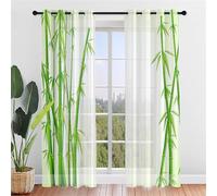 Hiseng Lot de 2 Rideaux Voilage à Oeillets, Imprimé Bambou Élégante Semi-Transparent Effet Voile Décoration de Fenêtre Salle de Bain Chambre Salon Cuisine Tulle 3D (Printemps Vert,132x244cm)