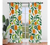 Hiseng Lot de 2 Rideaux Voilage à Oeillets, Imprimé Fleurs Oranges Élégante Semi-Transparent Effet Voile Décoration de Fenêtre Salle de Bain Chambre Salon Cuisine Tulle 3D (107x244cm,Feuilles Vert)