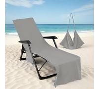 Hiseng Serviette de Plage Couleur Unie avec Poches Latérales, Grande Housse de Chaise Longue Absorbant Séchage Rapide pour Bain de Soleil, Transat Jardin, Plage, Piscine (Gris,75x215cm)