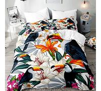 Hiser Parure de Lit 2 Personne avec Housse de Couette en Microfibre et Taies d'oreiller 50 * 75cm - Ensemble de Literie 3 Pièces - 3D Toucan Plante Imprimé (Toucan Noir,220x260cm)
