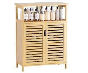 HITNET Meuble Salle de Bain Bambou, Armoire Bas Salle de Bain Rangement avec 2 Portes et Compartiments Ouverts, Meuble de Sol Autoportant pour Salon, Cuisine, Entrée, Naturel