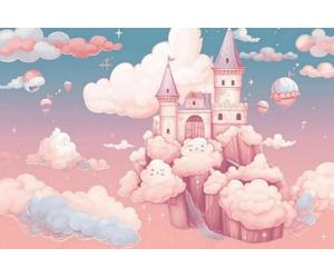 hity Papier Peint Panoramique 3d Enfant Rose Nuages Château 350cmx245cm | Tapisserie Murale Dessin Animé Montgolfière Fantastique Fille Princesse Salon Chambre Zen Poster Geant Mural