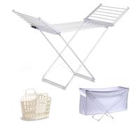 Hivra - Étendoir à Linge Chauffant, Sèche Serviette Électrique Pliable, Sechoir a Linge Electrique Basse Consommation | 18 Barres Aluminium | Écran LED & Minuterie | Housse Thermique & Panier Inclus