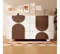 HIYYIH Commode à 6 tiroirs - 41 x 121 x 71 cm - Blanc | Commode avec 6 tiroirs et design incurvé, buffet moderne en blanc avec lattes en bois de couleur chocolat