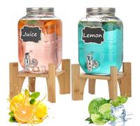 Hiziwimi Lot de 2 × 4 L distributeurs de boisson en verre avec robinet | Support en bambou, fontaine à boisson, bonbonne jarre pour cocktails, jus, eau, thé, et fêtes, température maximale : 45 °C