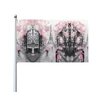 HJFCZH Paris Street Tour Eiffel imprimé floral rose 0,9 x 1,5 m Drapeaux de décoration extérieure - Jeté en polyester vif pour cour, terrasse et présentations festives