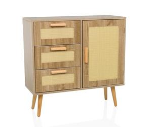 hjh LIVING Commode en rotin tressé STRYN Armoire avec 1 Porte et 3 tiroirs, pour Salon Chambre Couloir, Marron Clair 80x32,5x78 cm