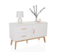 hjh LIVING Sideboard avec 2 tiroirs et 1 Porte TAROLO Commode 120x40x72 cm Armoire de Style scandinave Blanc, piétement en chêne
