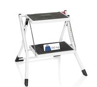 hjh OFFICE Escabeau à 2 Marches en Acier, Marche-Pieds Pliable Solid W1 Marchepied Antidérapant pour Maison et Cuisine, Capacité 150 kg, avec Poignée, Blanc