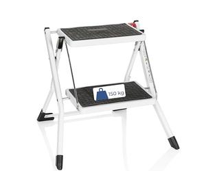 hjh OFFICE Escabeau à 2 Marches en Acier, Marche-Pieds Pliable Solid W1 Marchepied Antidérapant pour Maison et Cuisine, Capacité 150 kg, avec Poignée, Blanc