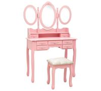 HKQWPBF Coiffeuse avec tabouret et triple miroir rose avec 7 tiroirs | Cadre de miroir sur pied, miroir latéral rotatif, espace de rangement, aspect élégant, ensemble compact