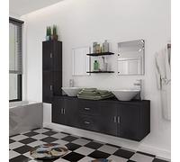 HKQWPBF Ensemble de meubles de salle de bain 11 pièces noir avec 2 lavabos, 2 robinets, miroirs, armoires murales et meuble bas pour salle de bain