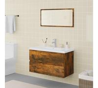 HKQWPBF Ensemble de meubles de salle de bain en bois de chêne fumé avec meuble sous lavabo et tiroir, montage mural avec fonction trop-plein, robinet et vidage, beaucoup d'espace de rangement