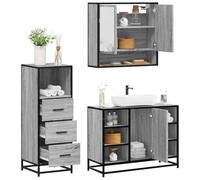 HKQWPBF Lot de 3 meubles de salle de bain gris Sonoma avec meuble sous lavabo et miroir, cadre en métal solide, grand espace de rangement pour les ustensiles de salle de bain, surface facile