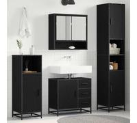 HKQWPBF Lot de 4 meubles de salle de bain modernes aspect chêne noir en bois avec armoire miroir, meuble sous lavabo et deux armoires basses, montage mural avec poignées en barre