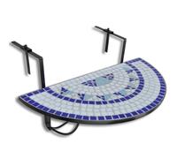HKQWPBF Table suspendue de balcon mosaïque bleue et blanche, table pliante | Mosaïque en céramique, support en fer, plateau de table semi-circulaire, pliable, pour balustrades jusqu'à 18 cm d'épaisseur