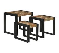HKTMGDNG Lot de 3 tables gigognes industrielles en bois recyclé massif et métal - Table basse industrielle pour canapé, table d'appoint, peu encombrant, marron et noir