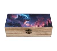 HLBSDM Boîte de rangement en bois Wolf & Galaxy avec couvercle à charnière, coffret cadeau vintage en bois naturel, boîte à bijoux décorative rustique, 20 cm L x 10 cm l x 6 cm H
