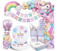 HLEIUKT Assiettes Anniversaire Licorne, Kit Deco Anniversaire Fille, Decoration Avec Ballon pour Fille Enfants Baby Shower 16 Invités