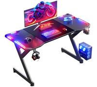 HLFURNIEU Bureau Gaming LED 140 x 60 cm, Bureau Gamer avec Plateau en Fibre de Carbone, Table d'Ordinateur Ergonomique avec Porte Gobelet et Crochet pour Casque, Noir
