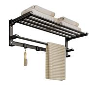 HLHLOP777 Étagère de douche Porte-serviettes de salle bain, étagère à serviettes en acier inoxydable avec barre et crochets, pliable murale Étagères flottantes(Noir,XXL)