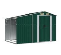 hliofuir Abri de jardin vert 277 x 192,5 x 179 cm en acier galvanisé | Rangement spacieux en métal pour le jardin avec toit incliné, 4 ouvertures d'aération et abri de bois de chauffage intégré.