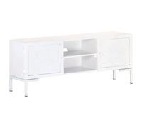 hliofuir Meuble TV bas blanc 115 x 30 x 46 cm en bois de manguier et acier | Buffet industriel pour salon avec 2 compartiments et 2 portes d'armoire pour multimédia, consoles et récepteurs.