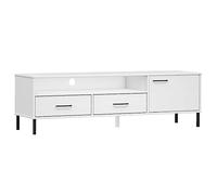 hliofuir Oslo Meuble TV bas en pin massif Blanc 158 x 40 x 46,5 cm | Buffet élégant pour le salon avec 2 tiroirs, compartiment et pieds métalliques stables pour téléviseur et décoration.