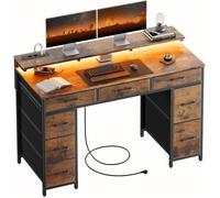 HLONONE Bureau avec 8 Tiroirs en Tissu, 120 × 50 cm Bureau Gaming LED avec Prises & Ports USB, Bureau Gamer, Marron