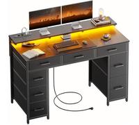 HLONONE Bureau avec 8 Tiroirs en Tissu, 120 × 50 cm Bureau Gaming LED avec Prises & Ports USB, Bureau Gamer, Noir