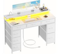 HLONONE Bureau avec 8 Tiroirs en Tissu, 120 × 50 cm Bureau Gaming LED avec Prises & Ports USB, Bureau Gamer, Blanc